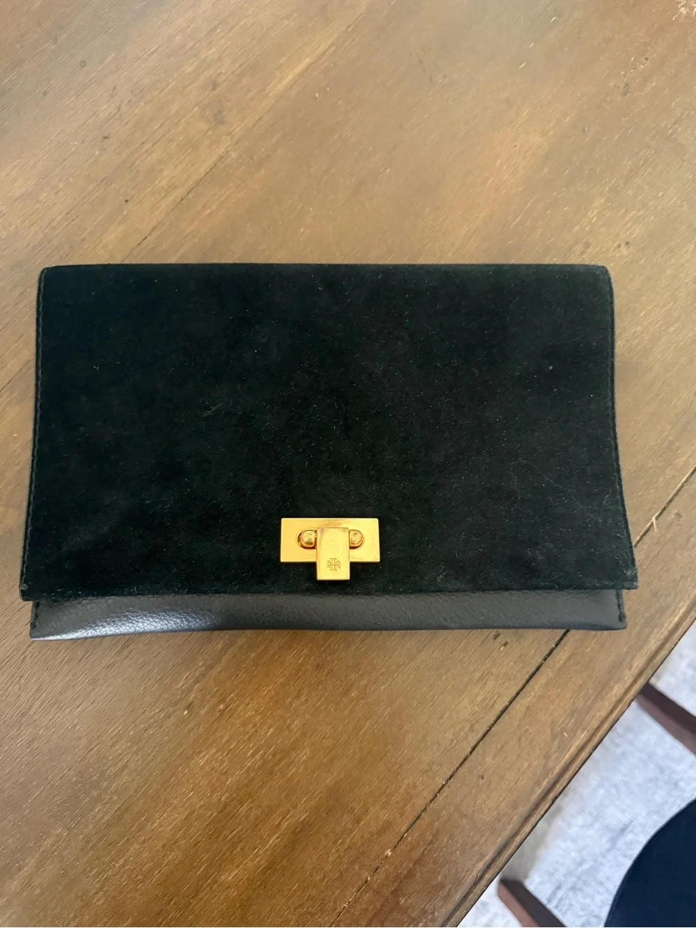 Tory Burch Black Suede Envelope Small Purse with Gold Turn-Lock